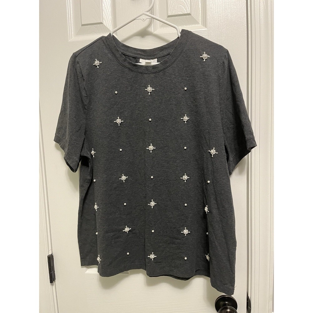 Women's CHARTER CLUB Dark Gray Bead Embellished Crewneck Short Sleeve Top 2X